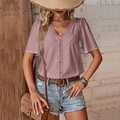 Women's V-neck lace eyelet top in dusty rose pink with decorative buttons for summer - Pink
