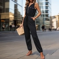 Women's black sleeveless jumpsuit with metal zipper, drawstring waist and cargo pockets - Black