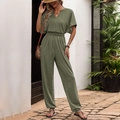 Casual legergroene jumpsuit voor dames met korte mouwen, V-hals en een elastische taille - S / Legergroen