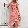 Floral V-neck wrap dress with ruffle sleeves and irregular hem for summer beach vacation - S / Burned Orange