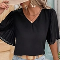 Women's black V-neck top featuring pleated puff sleeves and a lightweight summer fabric - S / Black