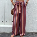 Pantalon femme taille haute à jambes larges avec rayures verticales et imprimé bohème - S / Bordeaux