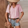 Pink short sleeve V-neck blouse with hollow-out embroidery and delicate lace trim detail - S / Coral Pink
