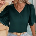 Short-sleeved dark green V-neck blouse with elegant pleated ruffle sleeves for women - S / Dark Green