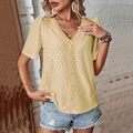 Women's V-neck lace patchwork short sleeve top in soft light yellow eyelet fabric - S / Yellow