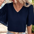 Women's vintage V-neck puff short sleeve shirt in elegant navy blue solid color - S / Navy Blue