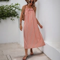 Robe longue d'été à rayures roses et beige avec bretelles fines et détail nœud - S / Rose