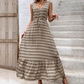 Bohemian sleeveless maxi dress with black diamond print and V-neckline in beige - S / Apricot
