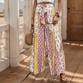 High-waisted bohemian wide-leg pants with floral patchwork print and waist tie - S / Yellow