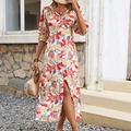 Vestido midi floral con cuello en V para mujer, botones y abertura lateral para el verano - S / Estampado Fucsia