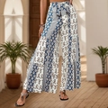 Bohemian high-waisted wide-leg pants with ethnic print, featuring a stylish waist tie - S / Blue