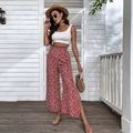 Pantalones rojos floreados de cintura alta con aberturas laterales de verano - S / Burdeos