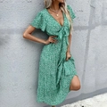 Damen Sommerkleid mit grünem Blumenmuster, V-Ausschnitt, Volantärmeln und Schleife - S / Grünes Blumenmuster