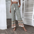 Pantalón bohemio de pierna ancha con cintura alta y estampado floral azul - S / Verde