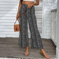 Damen Hose mit hoher Taille und weitem Bein aus leichtem fließendem Sommerstoff - XL / Schwarz (Floral)