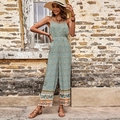 Women's floral wide-leg jumpsuit with blue yellow print and bohemian style border - 2XL / Green