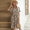Floral A-line dress with ruffled sleeves and pleated skirt in dark green floral print - Blue