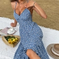 Blue floral backless halter sundress for women, perfect for summer beach vacations - S / Blue