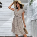 Sommer Wickelkleid mit V-Ausschnitt, Leopardenmuster und Rüschenärmeln für Damen - S / Aprikose