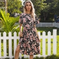 Floral pleated midi dress with rose print, flutter sleeves and waist tie detail - S / Black