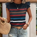 Camiseta sin mangas a rayas para mujer con encaje azul marino y diseño colorido - S / Negro