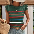 Top sin mangas para mujer en verde oscuro con rayas coloridas y detalles de encaje - S / Verde Oscuro