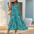 Abito lungo bohémien senza maniche con vivace stampa floreale astratta e scollo a V nappe - S / Blu Notte