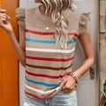 Women's sleeveless khaki striped top with stylish embroidered lace ruffle shoulders - Khaki