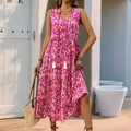 Bohemian sleeveless tiered maxi dress with vibrant abstract prints and white tassels - Rose Red