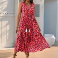 Bohemian sleeveless tiered maxi dress with vibrant fuchsia and orange leopard print - Black Red
