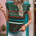 Women's dark green short sleeve top with colorful stripes and lace shoulder details - Army Green