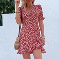 Short red floral wrap dress with ruffle trim and puff sleeves for summer style - Red
