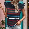Top de verano sin mangas para mujer con rayas horizontales y encaje azul - S / Azul Marino
