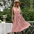 Pink polka dot chiffon pleated dress with a V-neckline and tie waist for summer - S / Pink