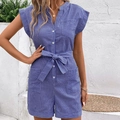 Tutina estiva da donna a righe bianche e blu con cintura in vita e tasche applicate - S / Blu