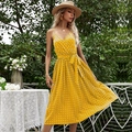 Yellow polka dot midi dress with adjustable tie waist and pleated skirt detail - S / Yellow