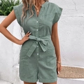 Tutina estiva a maniche corte con strisce verde chiaro, scollo a V e coulisse in vita - S / Verde