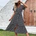 Fashionable summer V-neck floral maxi dress with waist tie and ruffle sleeves - S / Black