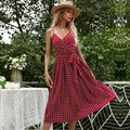 Polka dot V-neck pleated midi dress in vibrant red with a matching waist tie belt - Burgundy