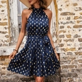 Navy halter neck sleeveless mini dress with gold polka dots and tiered ruffle skirt - Navy Blue