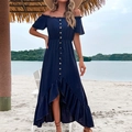 Donkerblauwe off-shoulder jurk met knopen en ruches voor zomerse strandvakanties - S / Marineblauw