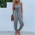 Sleeveless grey jumpsuit with V-neck knot waist and cinched cuffs for summer casual wear - XL / Dark Gray