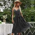 Polka dot sleeveless pleated midi dress with V-neck and waist tie in black and white - S / Black