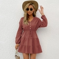 Brick red V-neck long sleeve mini dress with waist drawstring and tiered skirt details - S / Redwood