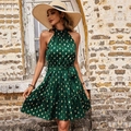 Abito estivo allacciato al collo verde scuro con pois dorati e gonna a balze - L / Verde