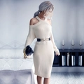 Off-shoulder beige knit dress with halter neckline and decorative black waist belt - S / Apricot