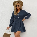 Elegant navy blue V-neck long sleeve mini dress with waist drawstring and tiered skirt design - S / Navy Blue
