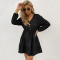 Elegant black V-neck tiered mini dress with long sleeves and adjustable drawstring waist - XL / Black