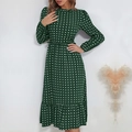 Abito midi verde scuro a pois bianchi con maniche lunghe e gonna a balze a balze - S / Verde