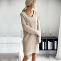 Chic beige V-neck knit mini dress with delicate black lace trim and loose fit style - S / Khaki